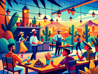 A lively illustration of a Mexican cantina with patrons enjoying tacos and margaritas. vektor illustation