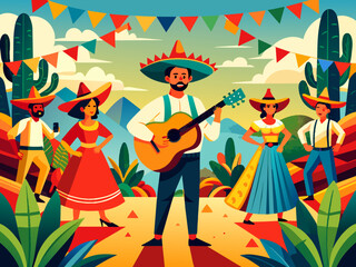 A festive depiction of a Mexican fiesta with colorful papel picado banners and mariachi bands. vektor illustation