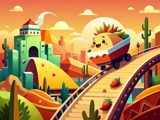 Naklejka premium A whimsical scene of a taco and a burrito riding a roller coaster made of hot sauce. vektor illustation