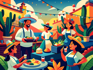 A cheerful depiction of a Mexican food festival with vendors serving up tacos and tamales. vektor illustation
