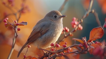 A delicate bird perches quietly among reddish-orange berries as the evening light casts a warm glow.