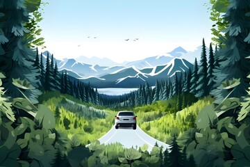 car drives through the forest