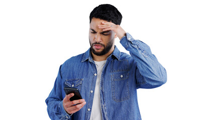 Stress, phone and man confused by glitch 404 or poor reception on isolated, transparent or png...