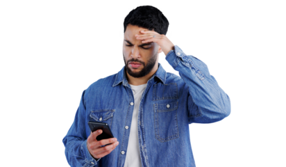 Stress, phone and man confused by glitch 404 or poor reception on isolated, transparent or png background. Anxiety, fear or person with smartphone fail, disaster or social media hacker notification