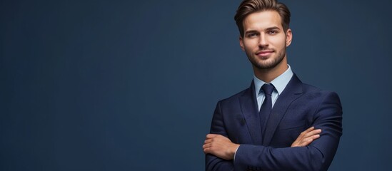 Confident businessman with arms crossed in suit and tie looking at camera