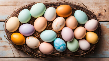 Spring Pastels: Beautiful Easter Eggs Nestled on Wooden Table
