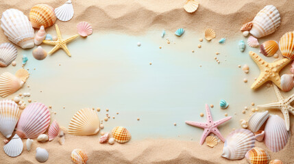 Fototapeta na wymiar Summer holidays background with frame and shells