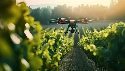 Lush green farmland modern drone equipped with advanced technology symbolizes intersection of agriculture and digital innovation aerial robot with whirring captures essence of futuristic farming - obrazy, fototapety, plakaty
