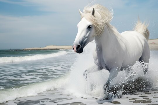 white horse with flowing mane splashing through beachside surf