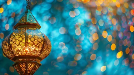 Ramadan Kareem - beautiful night scene with crescent moon, traditional lantern, and bokeh effect - celebration of Eid ul Fitr - obrazy, fototapety, plakaty