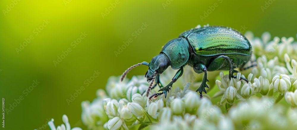 Sticker Beautiful green beetle resting on delicate flower petals in a peaceful garden