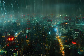 Panoramic window showing a view of a night time city lit up with lights and rainy professional photography