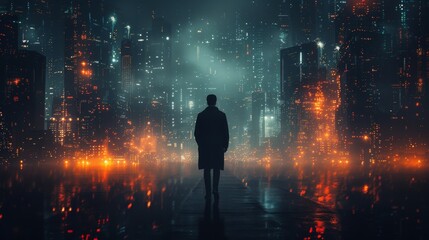The concept of a professional business man walking through a network city at night with a futuristic interface graphic, using a Cyberpunk color scheme