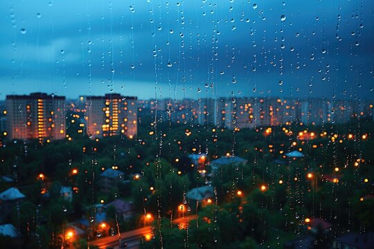Fototapeta Panoramic window showing a view of a night time city lit up with lights and rainy professional photography