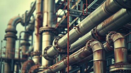 A close-up perspective of pipe racks and pipelines in an industrial zone, showcasing a mix of petroleum, chemical, hydrogen, and ammonia processing lines.