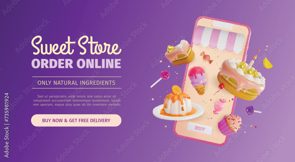 Wall mural 3d Sweet Store Order Online Ads Banner Concept Poster Card Smartphone with Floating Cupcake, Candy, Ice Cream and Cake. Vector illustration