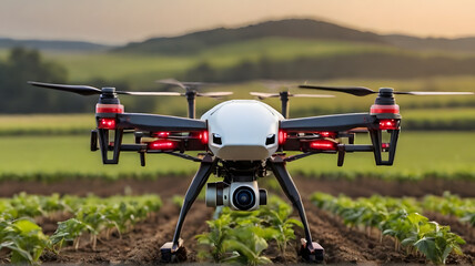 A smart agriculture scene with AI-driven drones monitoring and optimizing crop growth for sustainable farming practices - AI