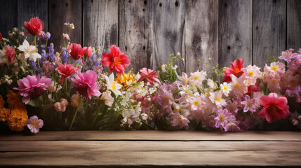 Fototapeta na wymiar Wildflowers and wooden table background created 