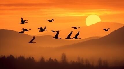 Fototapeta premium Silhouettes of flying birds at sunset