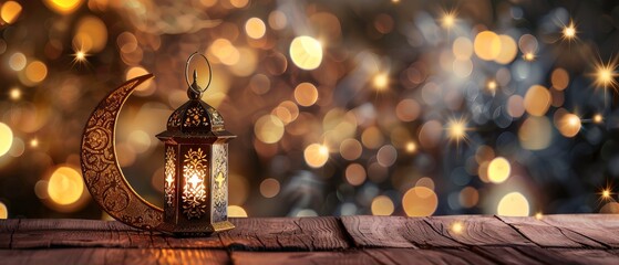 Ramadan Kareem - beautiful night scene with crescent moon, traditional lantern, and sparkling lights - celebration of Eid Ul Fitr - obrazy, fototapety, plakaty