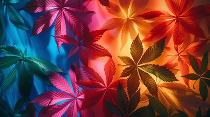 Cannabis leaves artistically captured in a dynamic range of vibrant hues against a colorful gradient background, emphasizing beauty and diversity.