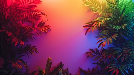 Lush tropical foliage bathed in a gradient of neon lights, creating a vibrant and exotic atmosphere reminiscent of a tropical paradise at night.