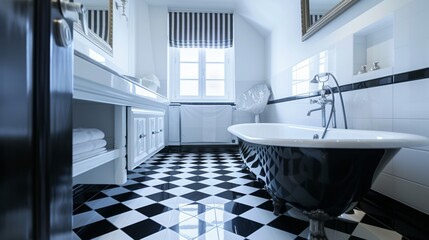 Elegant Monochromatic Bathroom with Geometric Floor Tiles AI Generated.