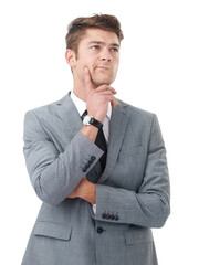 Studio, mockup or professional businessman with thinking of work project for consulting by white background. Accountant, idea and planning for budget and question for company financial in mock up