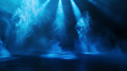 A minimalist yet powerful stage setting, with a single blue vector spotlight casting a focused beam through a subtle haze of smoke on a black background.