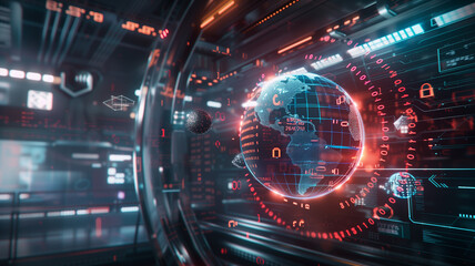 cyber security, featuring a holographic shield surrounding a digital globe, with binary code and cyber locks floating around.