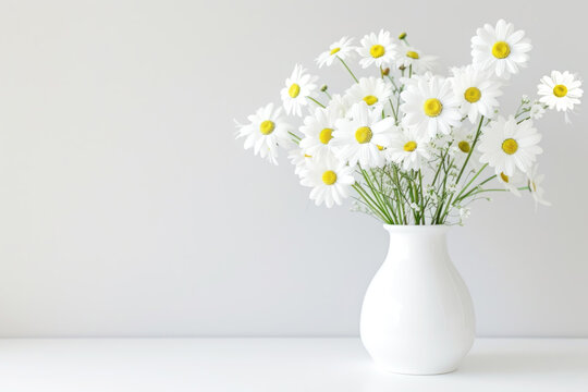 blank greeting card mockup, White daisies in vase. Blank space on right for text.