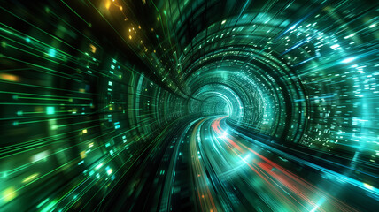 A high-speed data tunnel with flowing lines of light representing future technology in motion, set against a cyberpunk-style background.