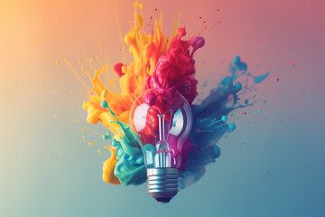 A close-up of a glowing lightbulb with an abstract halo of swirling, colorful paint, representing the energy and inspiration of a eureka moment. - obrazy, fototapety, plakaty