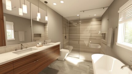 Fototapeta na wymiar Serene and Elegant International Style Bathroom with Floating Vanity and Glass Partition AI Generated.