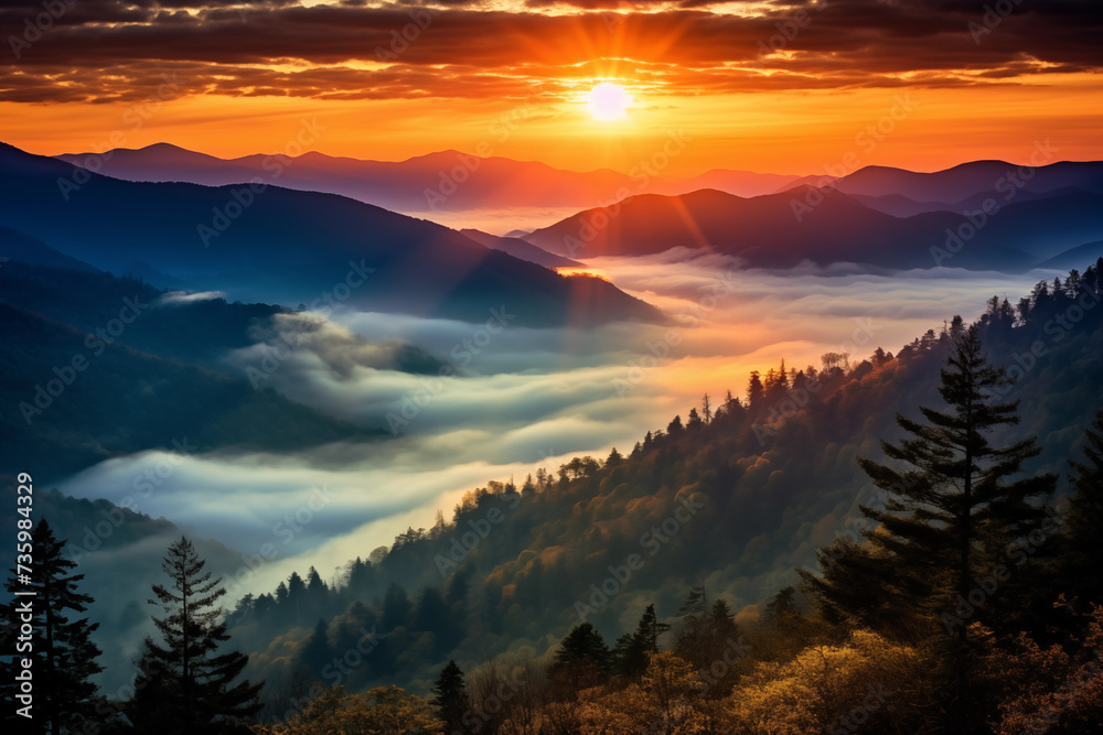 Wall mural sunset in smoky fog mountains