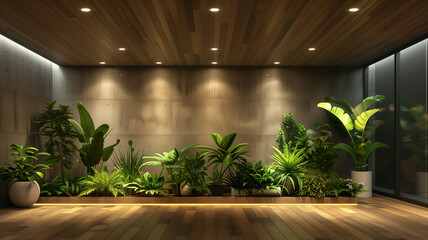 spacious contemporary loft, empty with an array of exotic plants on a rustic wooden floor.