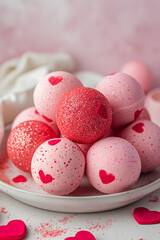 Red and pink round glitter bath bomb balls with printed hearts, stacked on a plate, in a pastel light bathroom.