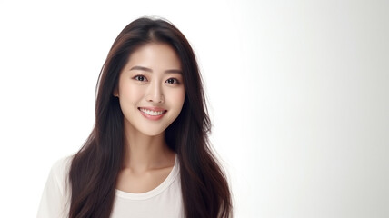 portrait of happy asian woman looks at camera on white background
