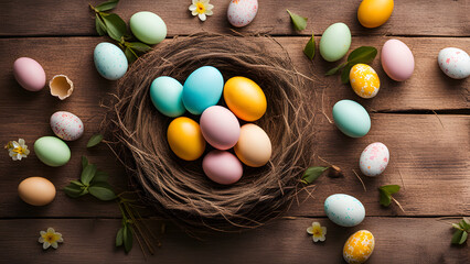 Spring Pastels: Beautiful Easter Eggs Nestled on Wooden Table with Copy Space