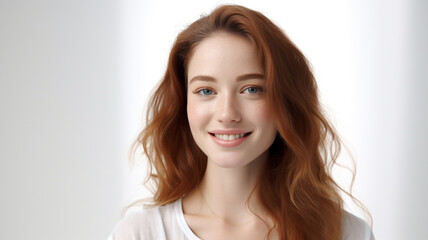 Naklejka premium portrait of young happy woman looks at camera on white background