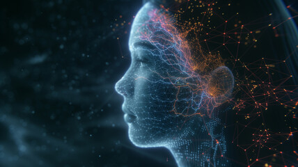 humanoid head, where the neural network is visualized as a radiant neon web of connections.