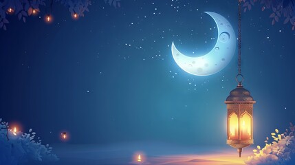 Ramadan Kareem Blue Banner with Crescent Moon and Lanterns - Islamic Greeting Card for Muslim Holiday Celebration