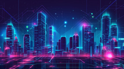 A vivid cyberpunk cityscape at night, with futuristic technology line backgrounds and dynamic neon light effects.