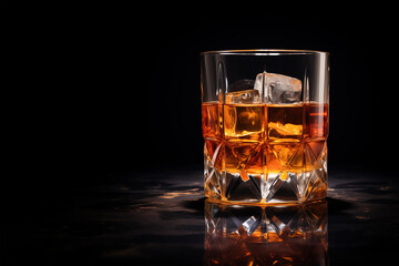 Whiskey glass with ice cubes on black background.