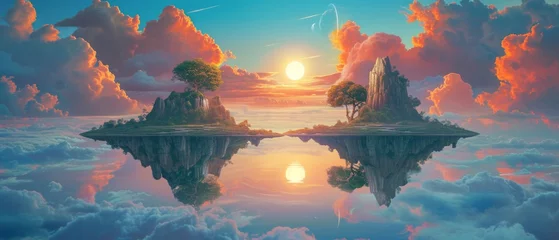 Fotobehang A dreamlike landscape with floating islands above a mirror-like ocean, under a sky with two suns setting in tandem. © Bilas AI