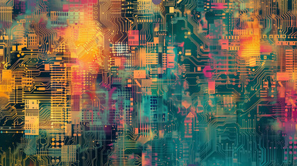 circuit board and AI-generated art for business and technology, blending the precision of circuitry with the creativity of AI art.