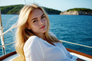Beautiful young woman relaxing on a boat on summer vacation