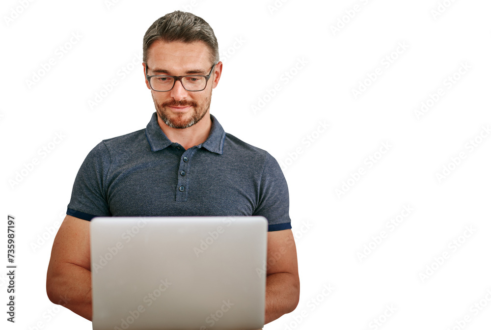 Leinwandbilder Mature man, laptop and information technology with glasses, software update or coding on png transparent background. Problem solving, cybersecurity and management at startup for programming and web