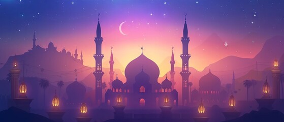 Ramadan Kareem greeting card with golden mosque and colorful lanterns on dark background - obrazy, fototapety, plakaty