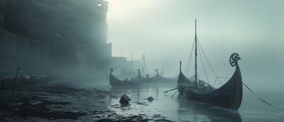 A foggy coastal scene, post-Viking raid, with longboats and shields left behind on the eerie shores.
